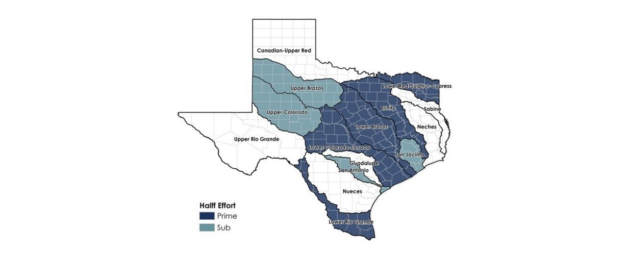 Texas state map of Halff's efforts in prime and sub